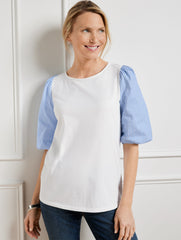 WOVEN SLEEVE CREWNECK TEE | Talbots on sale