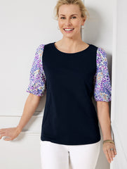 WOVEN SLEEVE CREWNECK TEE - DITSY | Talbots sale