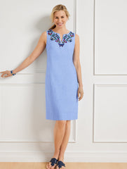 EMBROIDERED BUTTERFLY LINEN SHIFT DRESS | Talbots US
