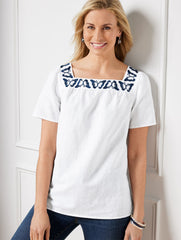 BUTTERFLY EMBROIDERED LINEN COTTON SQUARE NECK TOP | Talbots on sale