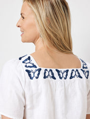 BUTTERFLY EMBROIDERED LINEN COTTON SQUARE NECK TOP | Talbots on sale