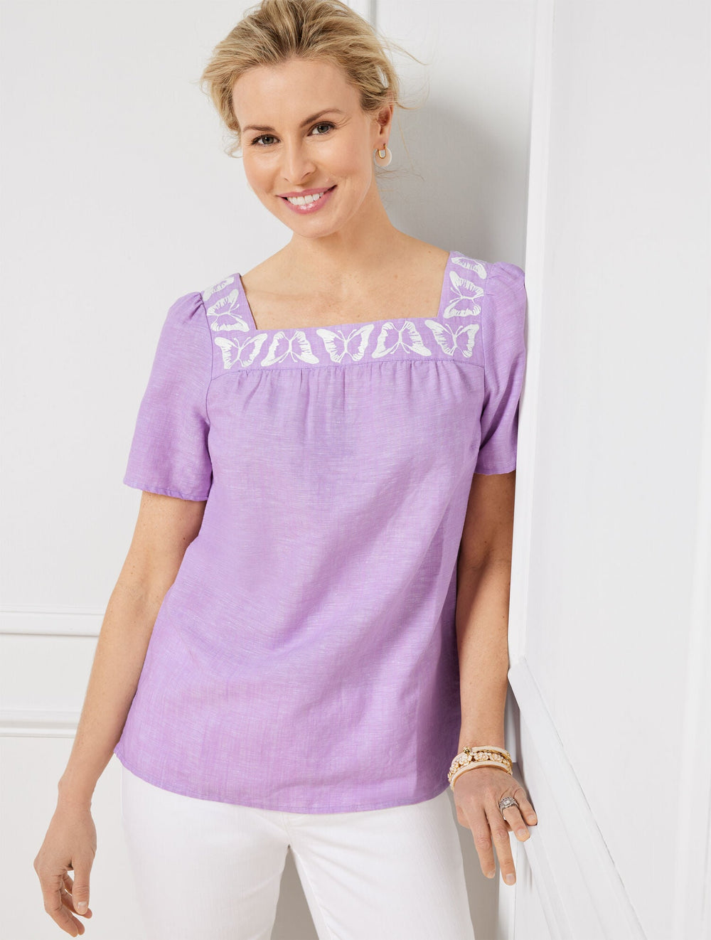 BUTTERFLY EMBROIDERED LINEN COTTON SQUARE NECK TOP - CROSS DYE | Talbots for sale