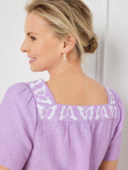 BUTTERFLY EMBROIDERED LINEN COTTON SQUARE NECK TOP - CROSS DYE | Talbots for sale