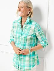 COTTON BUTTON FRONT SHIRT - MULBERRY PLAID | Talbots on sale