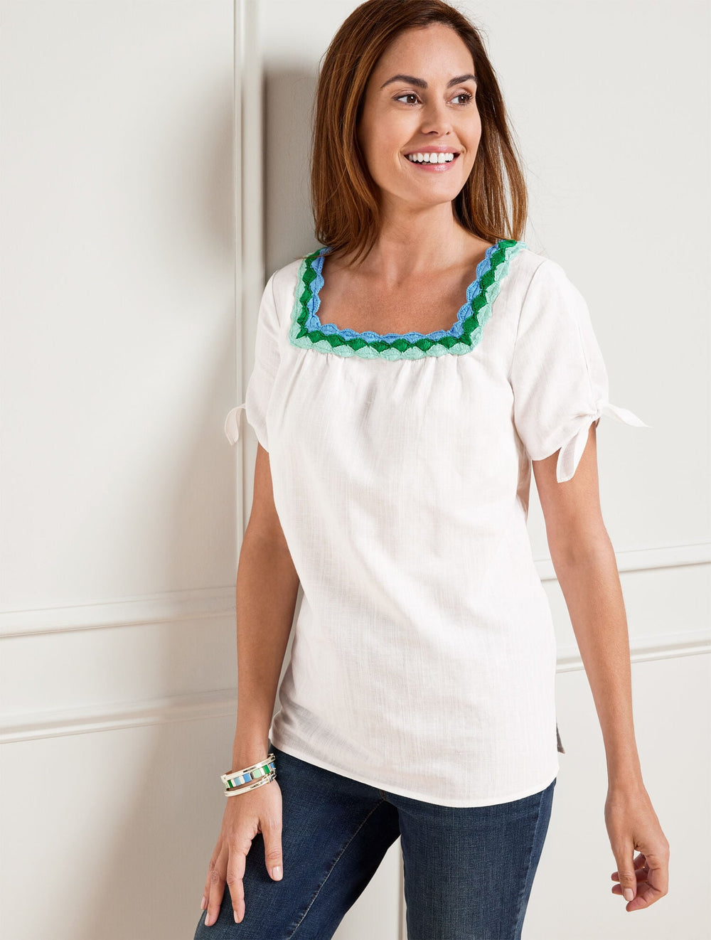 CROCHET TRIM LINEN TOP | Talbots sale