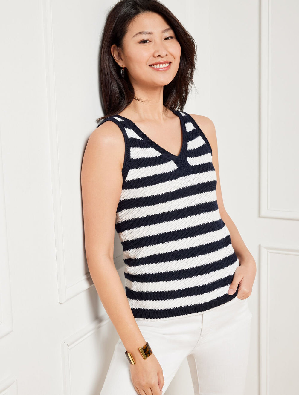 V-NECK TANK - PIQUÉ STRIPE | Talbots US