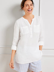 SIDE BUTTON LINEN BAND COLLAR POPOVER | Talbots online