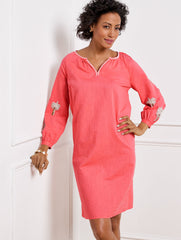 LINEN COTTON SHIFT DRESS - EMBROIDERED PALM | Talbots outlet