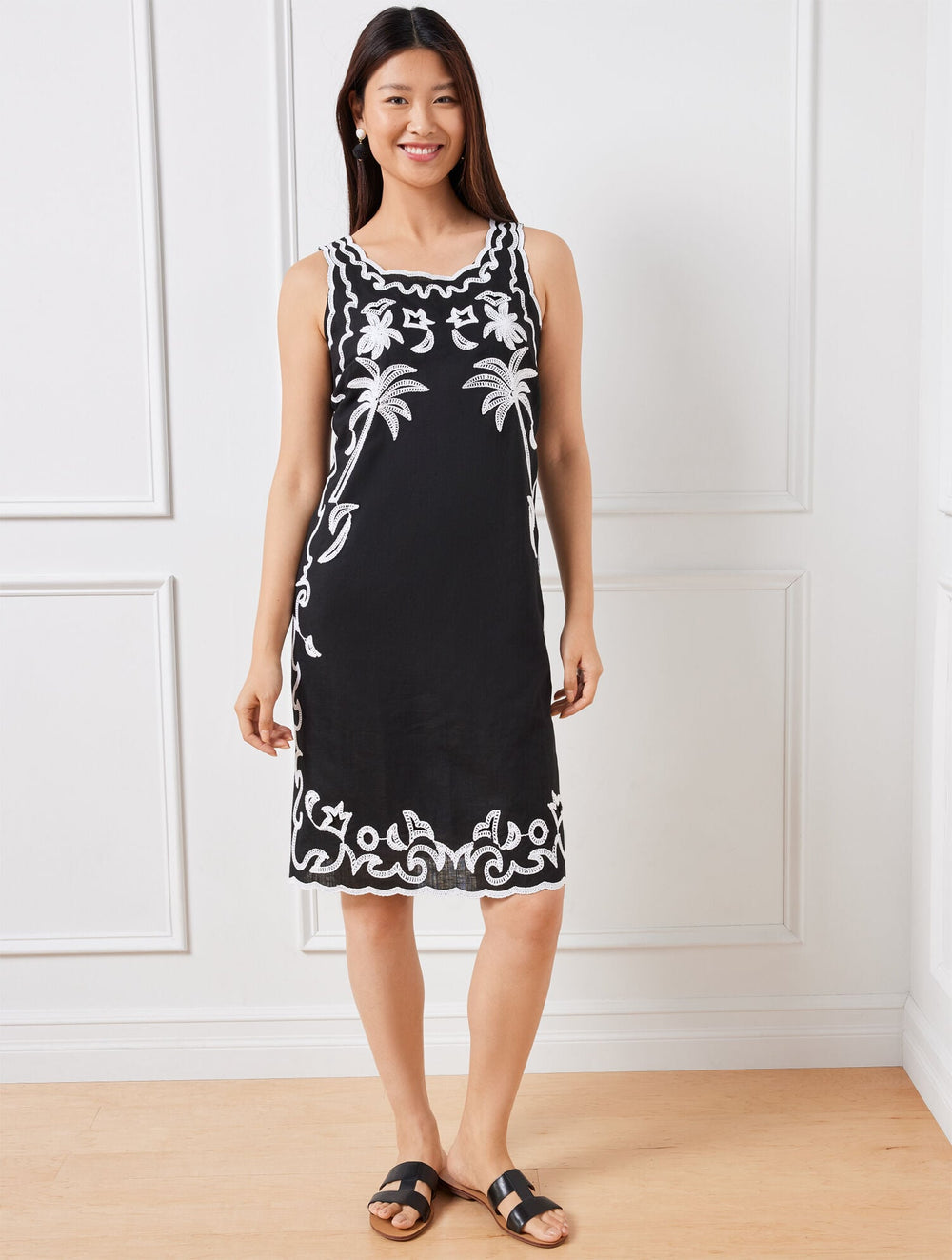 EMBROIDERED LINEN COTTON SHIFT DRESS | Talbots sale