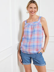 LINEN SQUARE NECK SHELL - PARADISE PLAID | Talbots discount