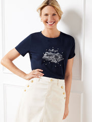 PEARL EMBELLISHED CREWNECK TEE | Talbots on sale