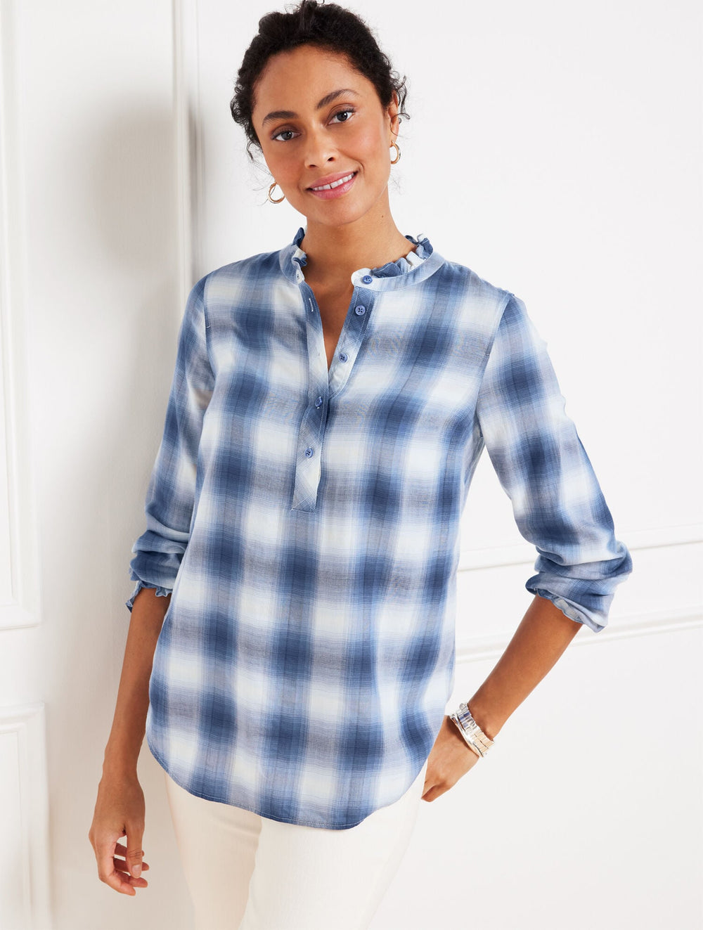 RUFFLE TRIM POPOVER - SUNRISE PLAID | Talbots on sale