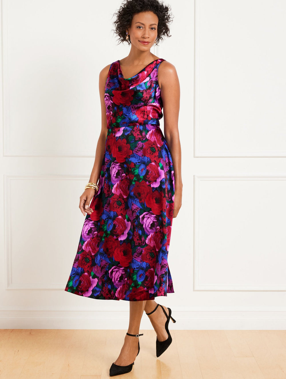 SATIN COWL-NECK DRESS - WRAPPED FLORAL | Talbots US
