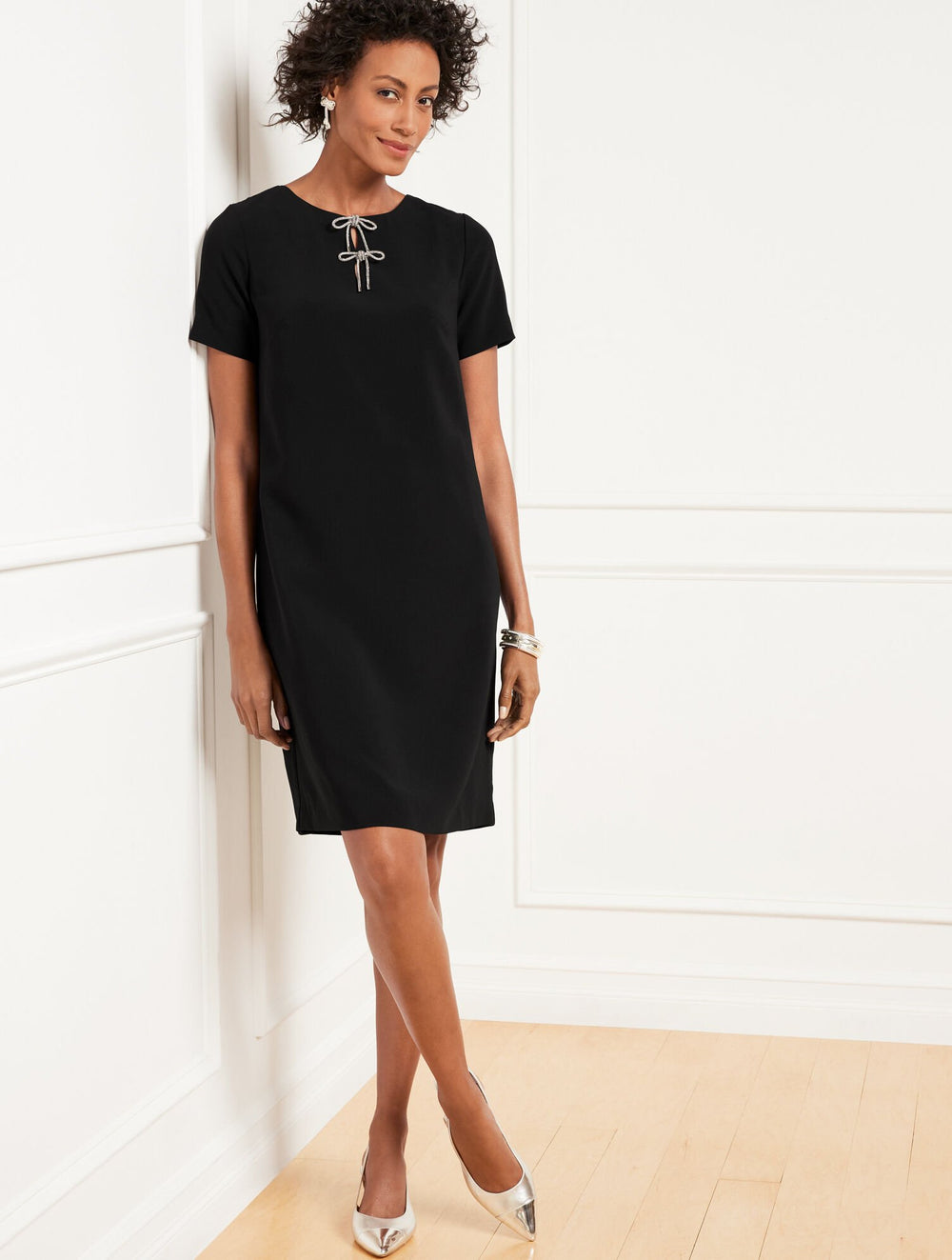 EMBELLISHED BOW CREPE A-LINE DRESS | Talbots on sale