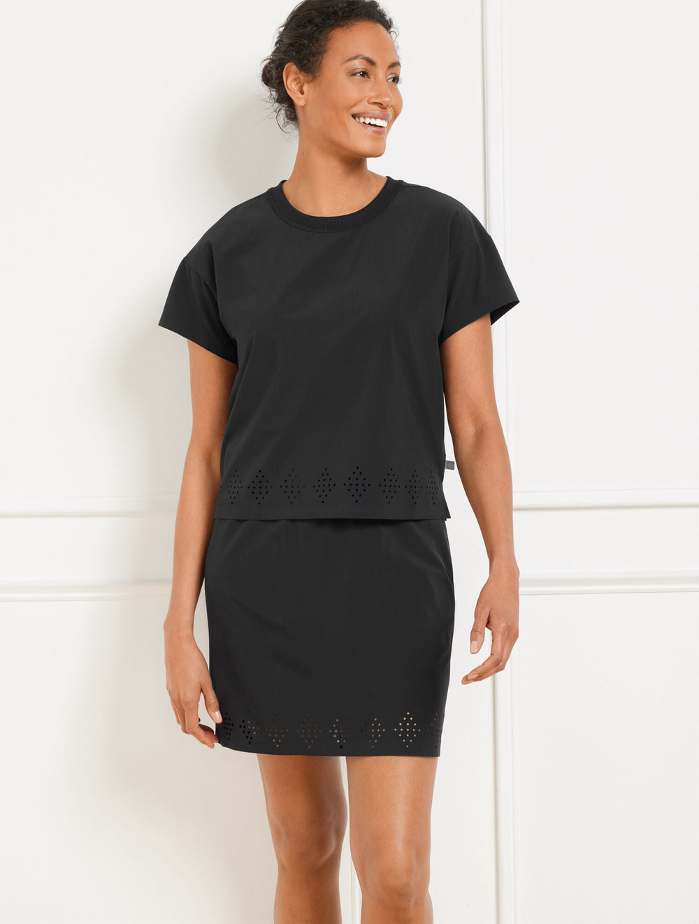 LIGHTWEIGHT WOVEN STRETCH CREWNECK TEE - LASER CUT | Talbots on sale