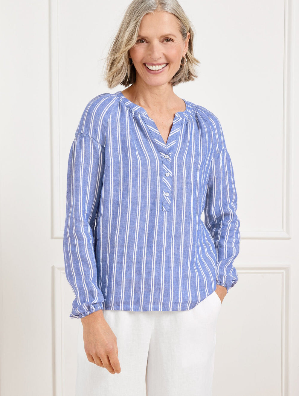 LANTERN SLEEVE LINEN TOP - PETAL STRIPE | Talbots US