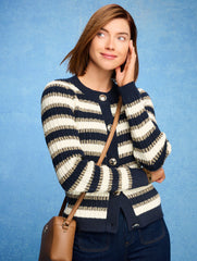 COMBED COTTON CREWNECK CARDIGAN - METALLIC STRIPE | Talbots on sale
