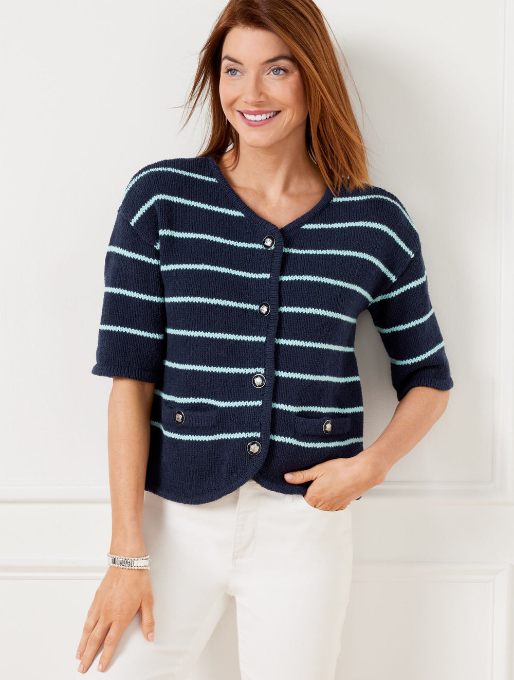 ELBOW SLEEVE SWEATER JACKET - STRIPE | Talbots sale