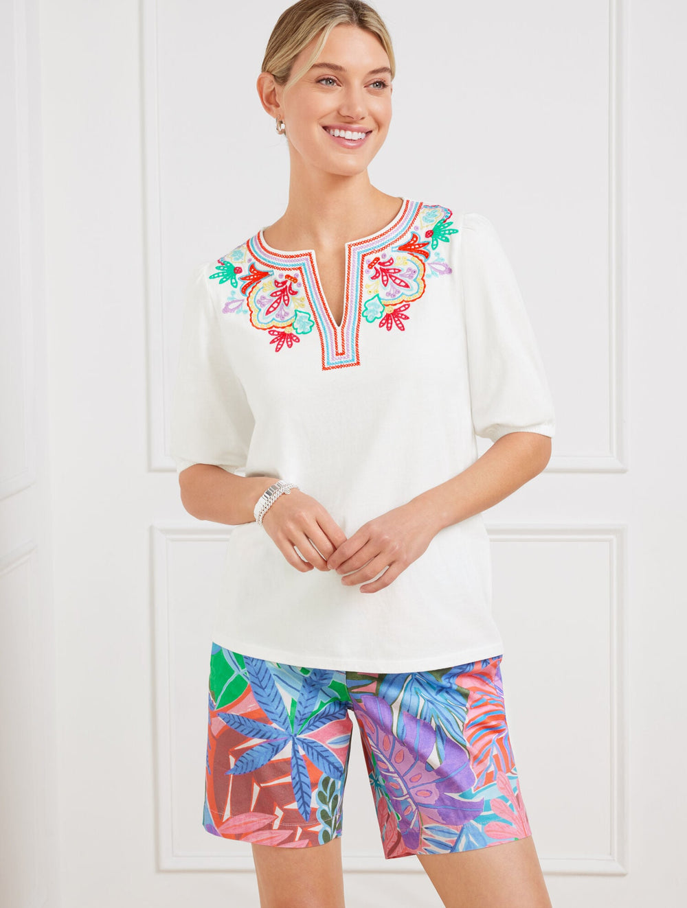 EMBROIDERED SPLIT NECK TOP | Talbots US