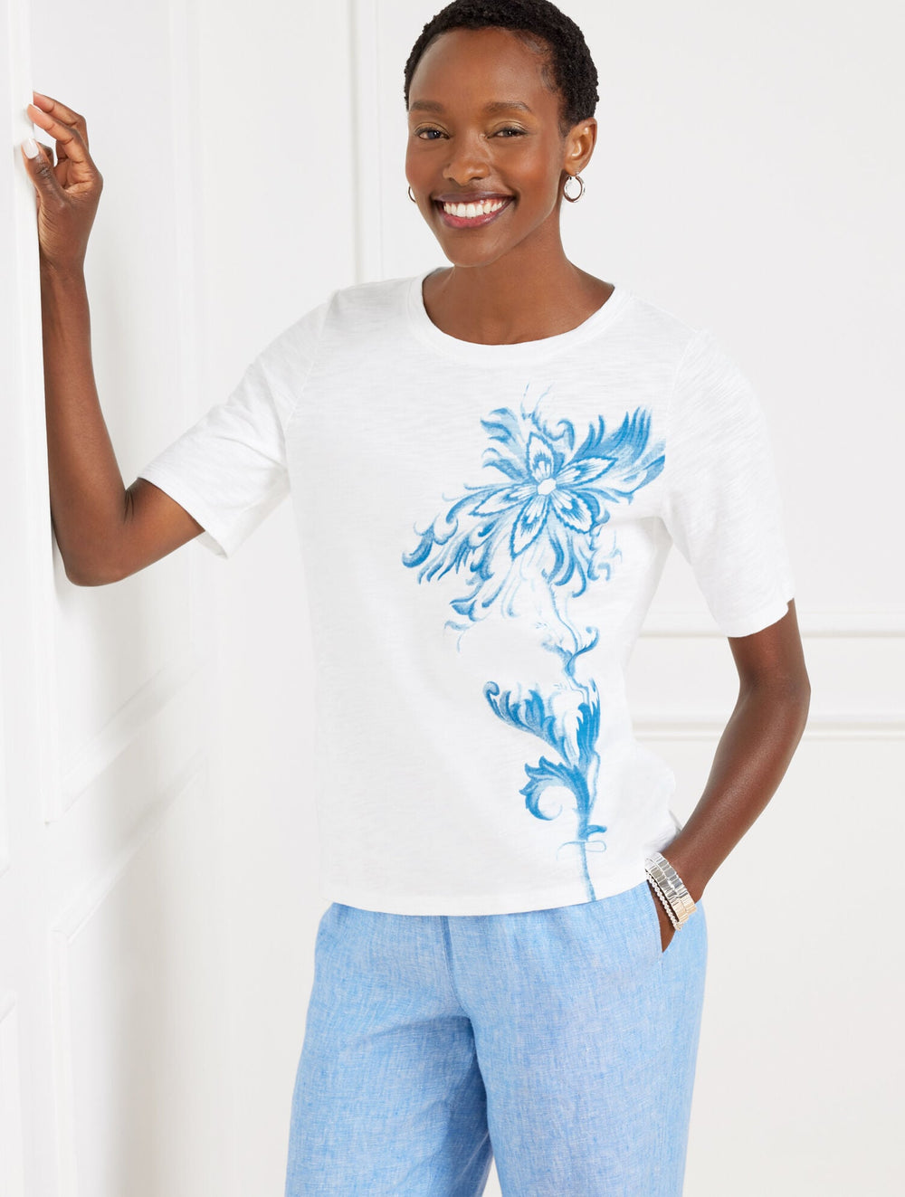 ELBOW SLEEVE CREWNECK TEE - OCEAN FLORA | Talbots on sale