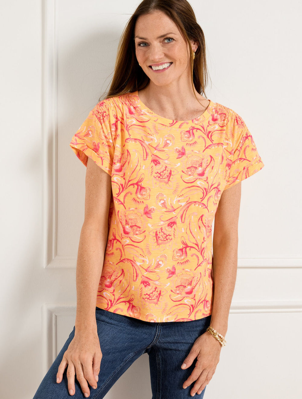 SMOCKED SHOULDER CREWNECK TEE - JACOBEAN FANTASIA | Talbots for sale