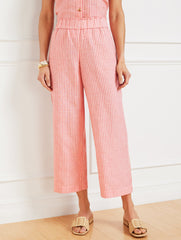 WIDE CROP PULL-ON WASHED LINEN PANTS - TONAL STRIPE | Talbots for sale