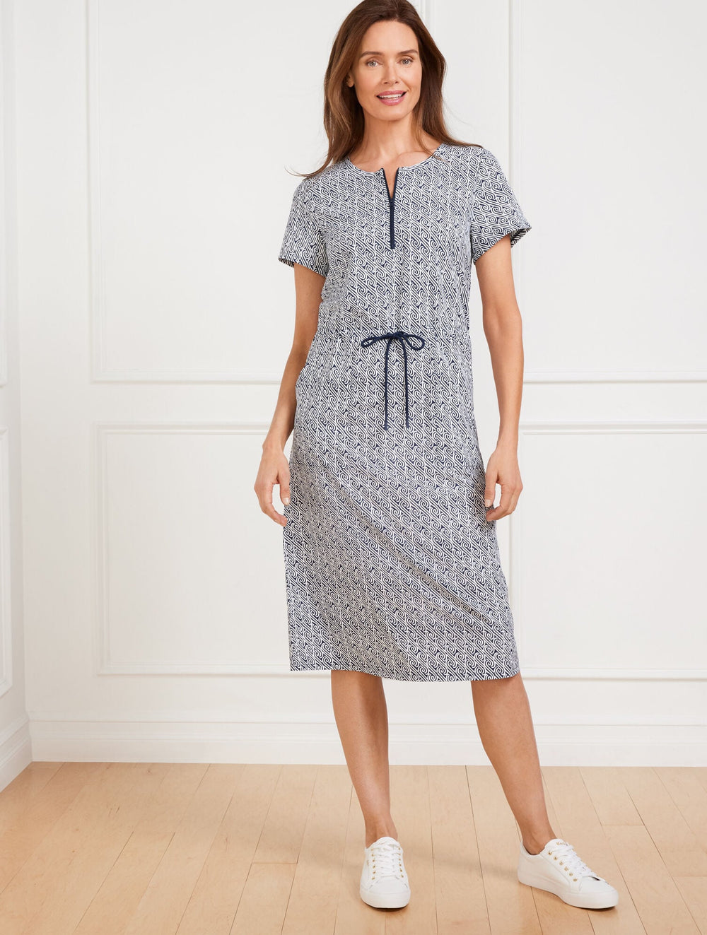 LIGHTWEIGHT WOVEN STRETCH DRAWSTRING WAIST DRESS - WATER SWIRLS | Talbots outlet
