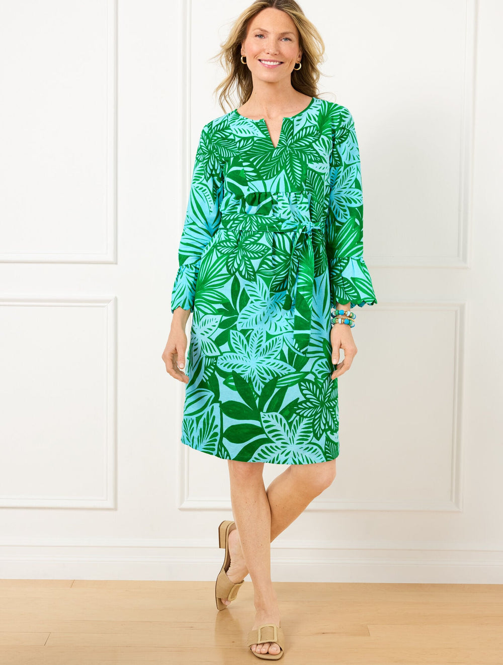 RUFFLE CUFF BELTED LINEN BLEND DRESS - WATERCOLOR BOTANICAL | Talbots discount