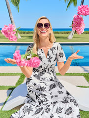 FLUTTER SLEEVE MIDI DRESS - SILHOUETTE PALMS | Talbots sale