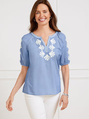 EMBROIDERED ELBOW SLEEVE TOP | Talbots on sale