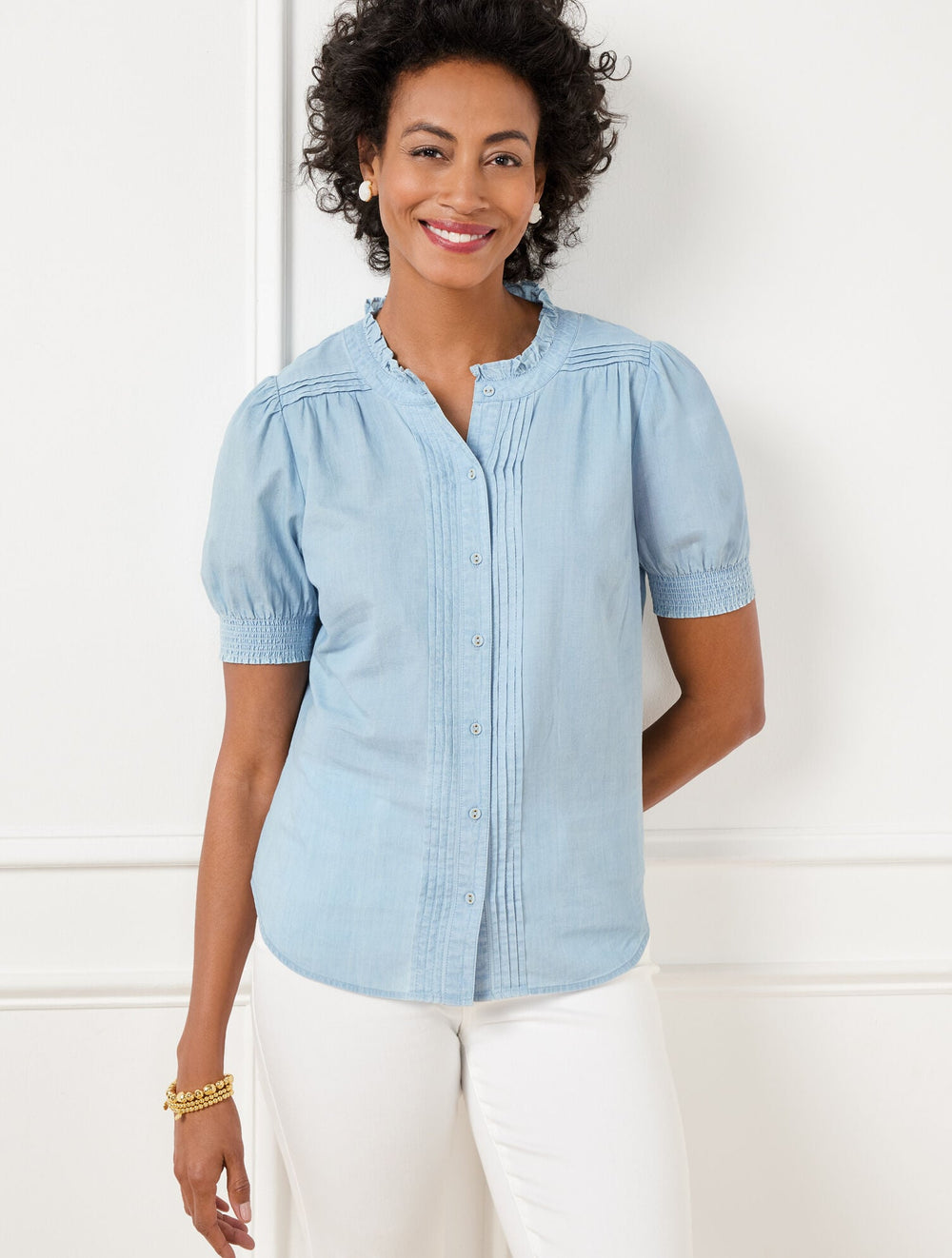 STITCH PLEAT CHAMBRAY TOP | Talbots US