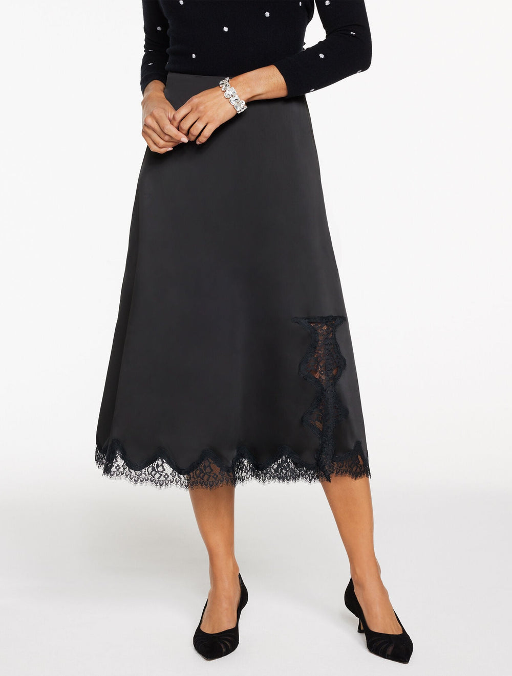 LACE TRIM SATIN MIDI SKIRT | Talbots outlet