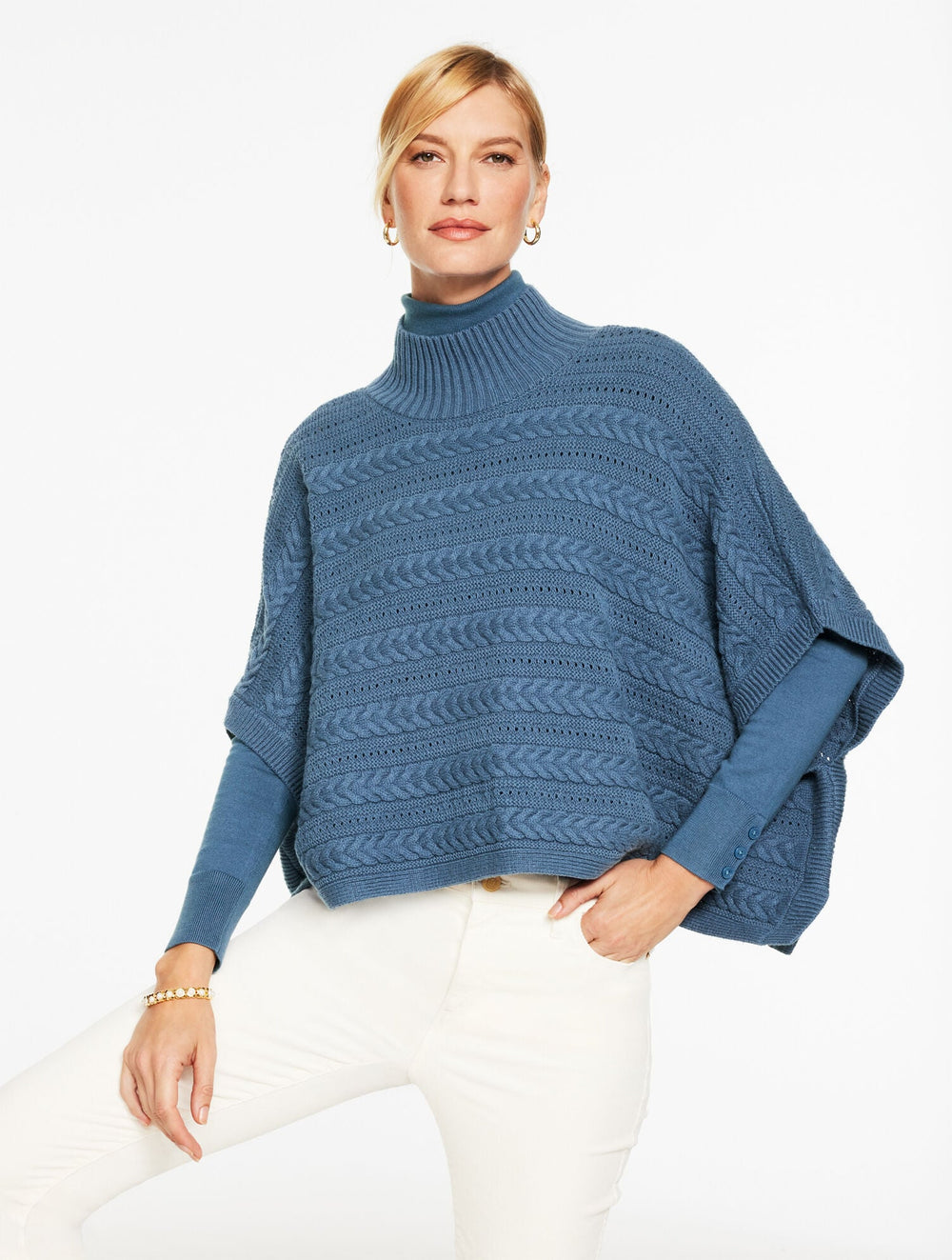 CABLE KNIT PONCHO - MOONLIGHT BLUE | Talbots outlet