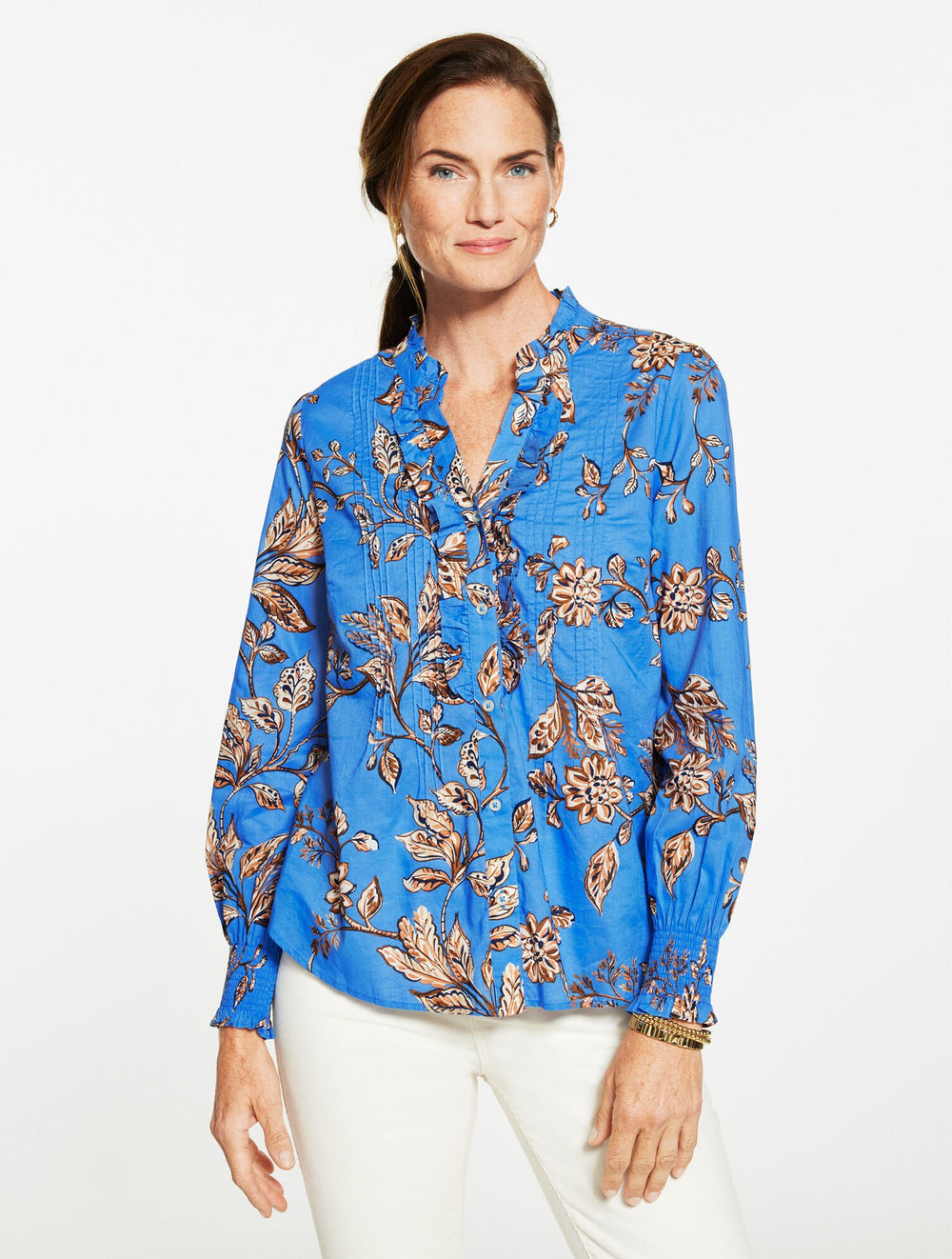 SMOCKED CUFF RUFFLE TOP - FLORAL SYMPHONY | Talbots on sale