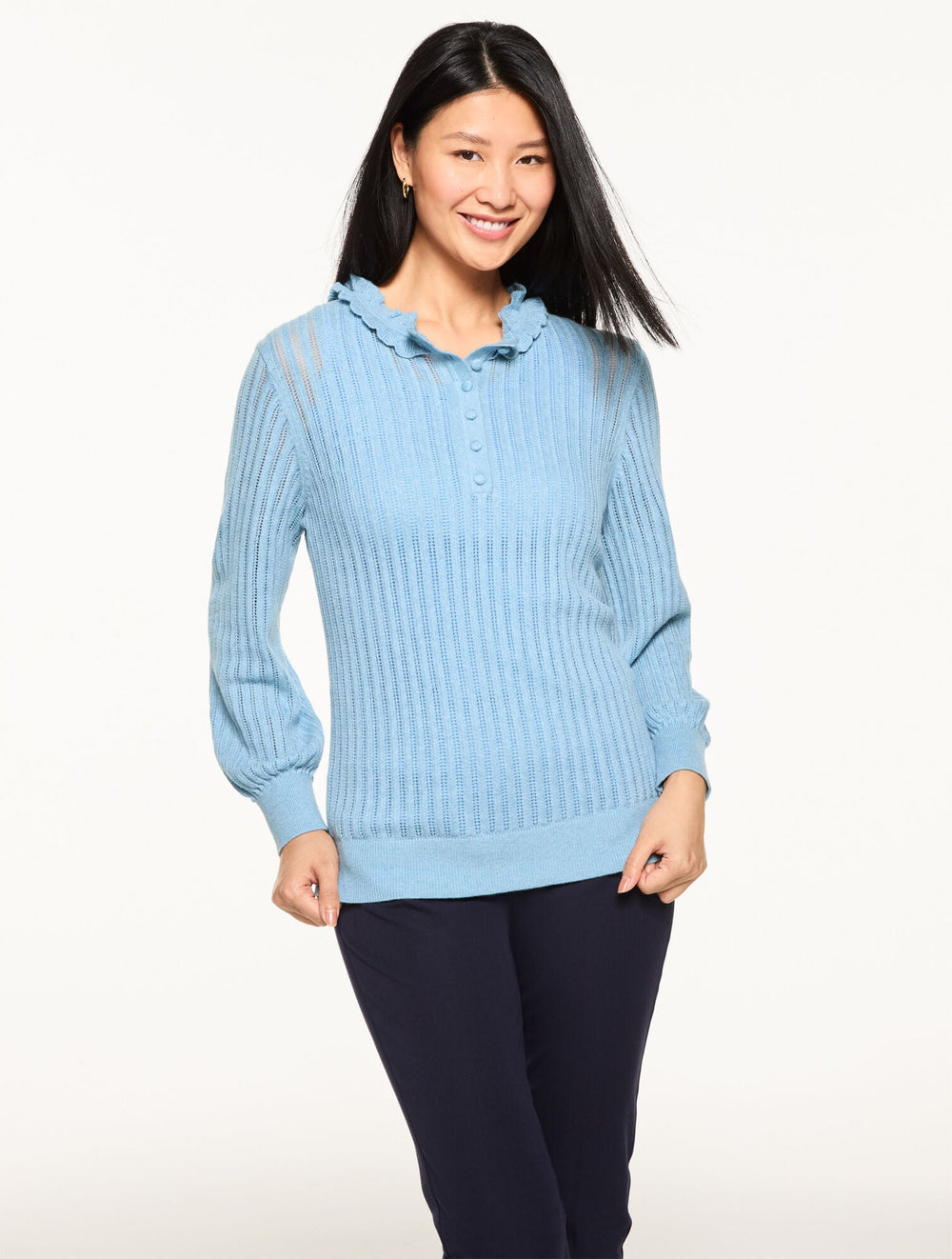 RUFFLE NECK HENLEY PULLOVER | Talbots US
