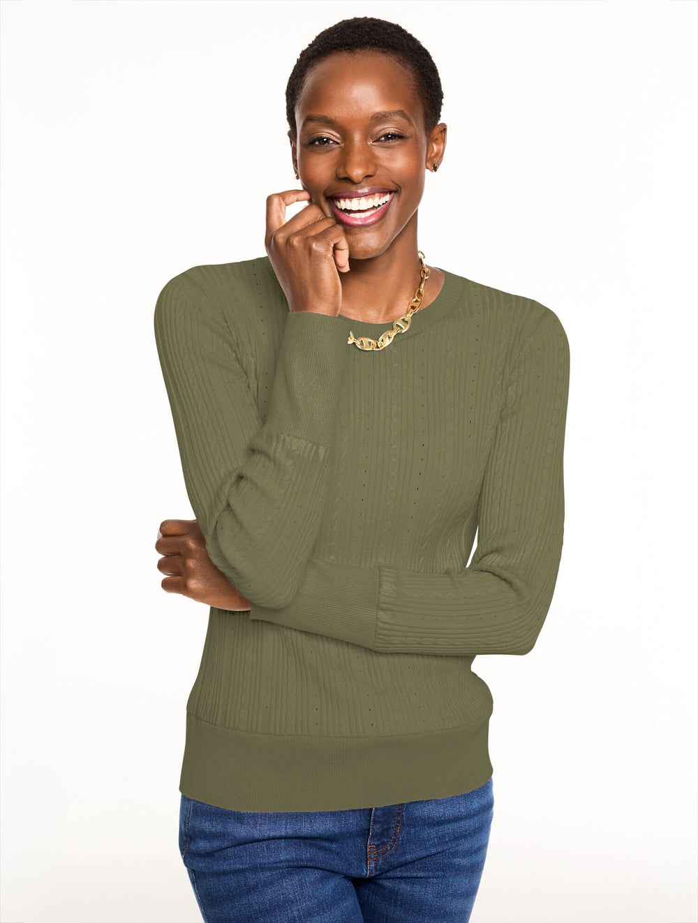 RIBBED POINTELLE CREWNECK SWEATER | Talbots on sale