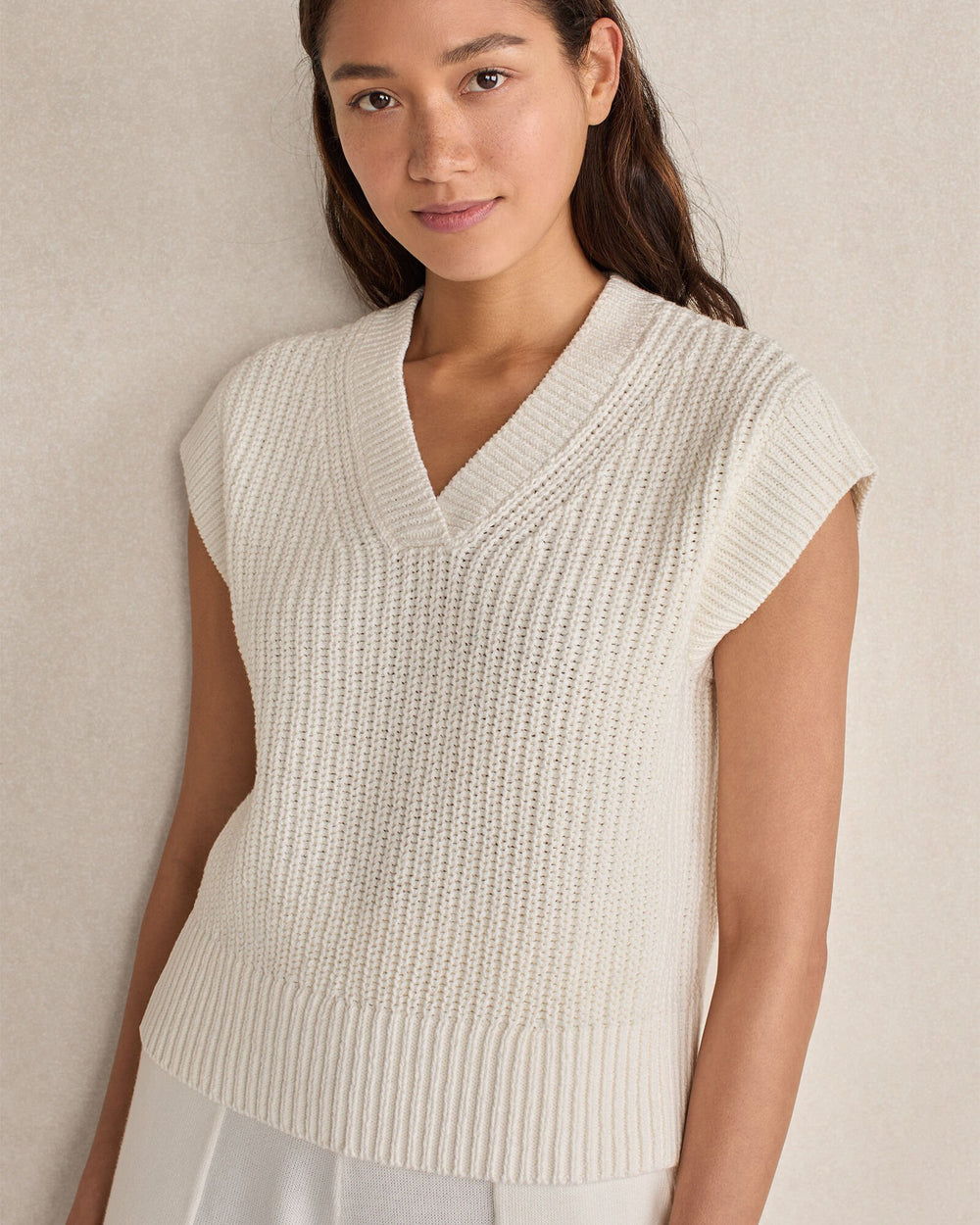 ORGANIC COTTON LINEN SHAKER STITCH V-NECK SWEATER | Talbots sale