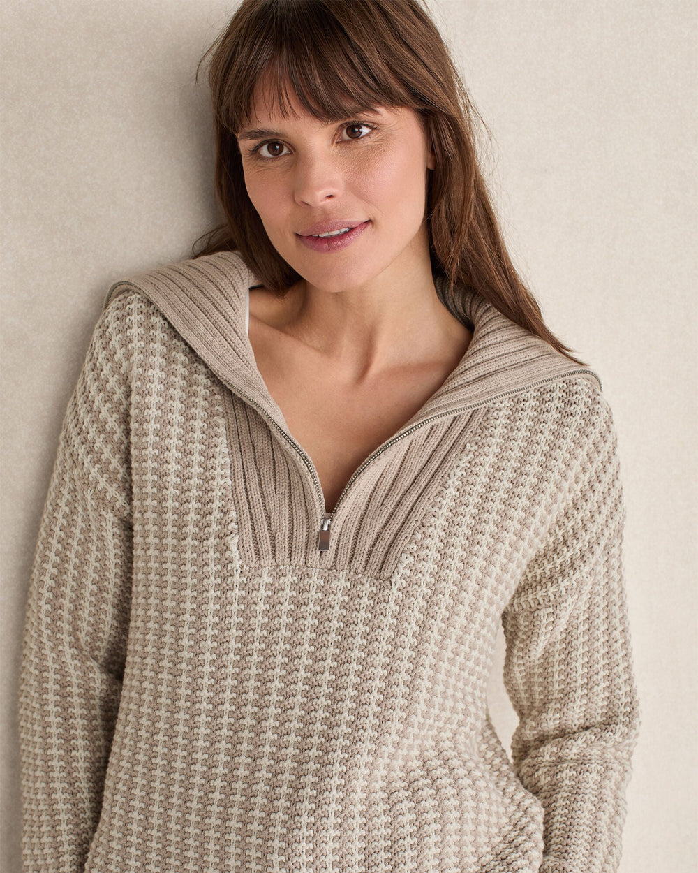 COTTON BLEND CONTRAST STITCH HALF ZIP SWEATER | Talbots on sale