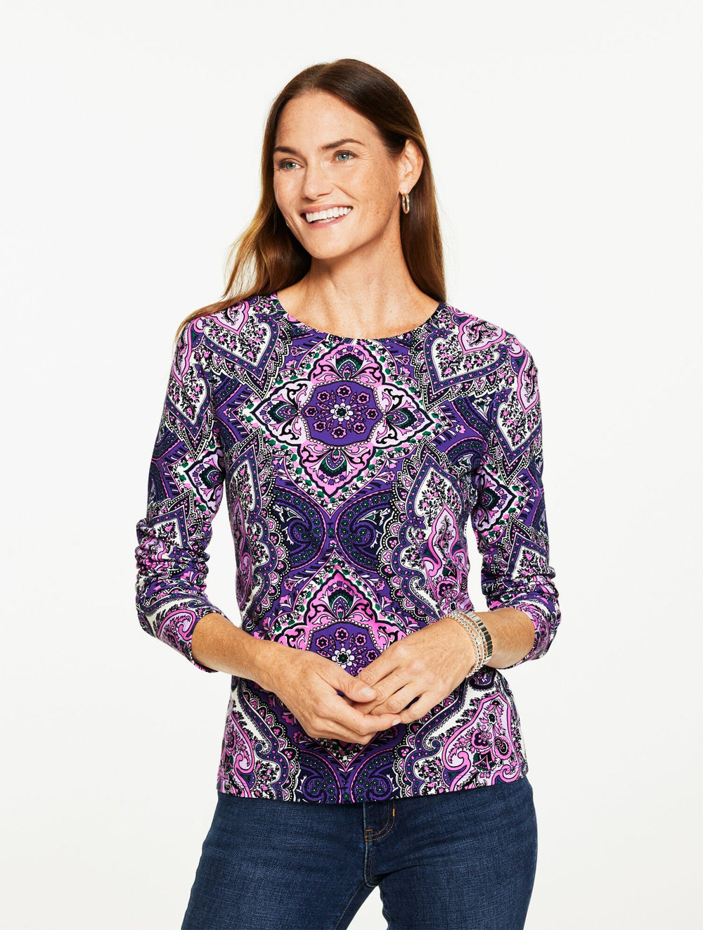 LONG SLEEVE CREWNECK TEE - DIAMOND MEDALLION | Talbots outlet