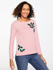 EMBROIDERED BATEAU NECK TEE - HOLLY BERRY STRIPE | Talbots outlet