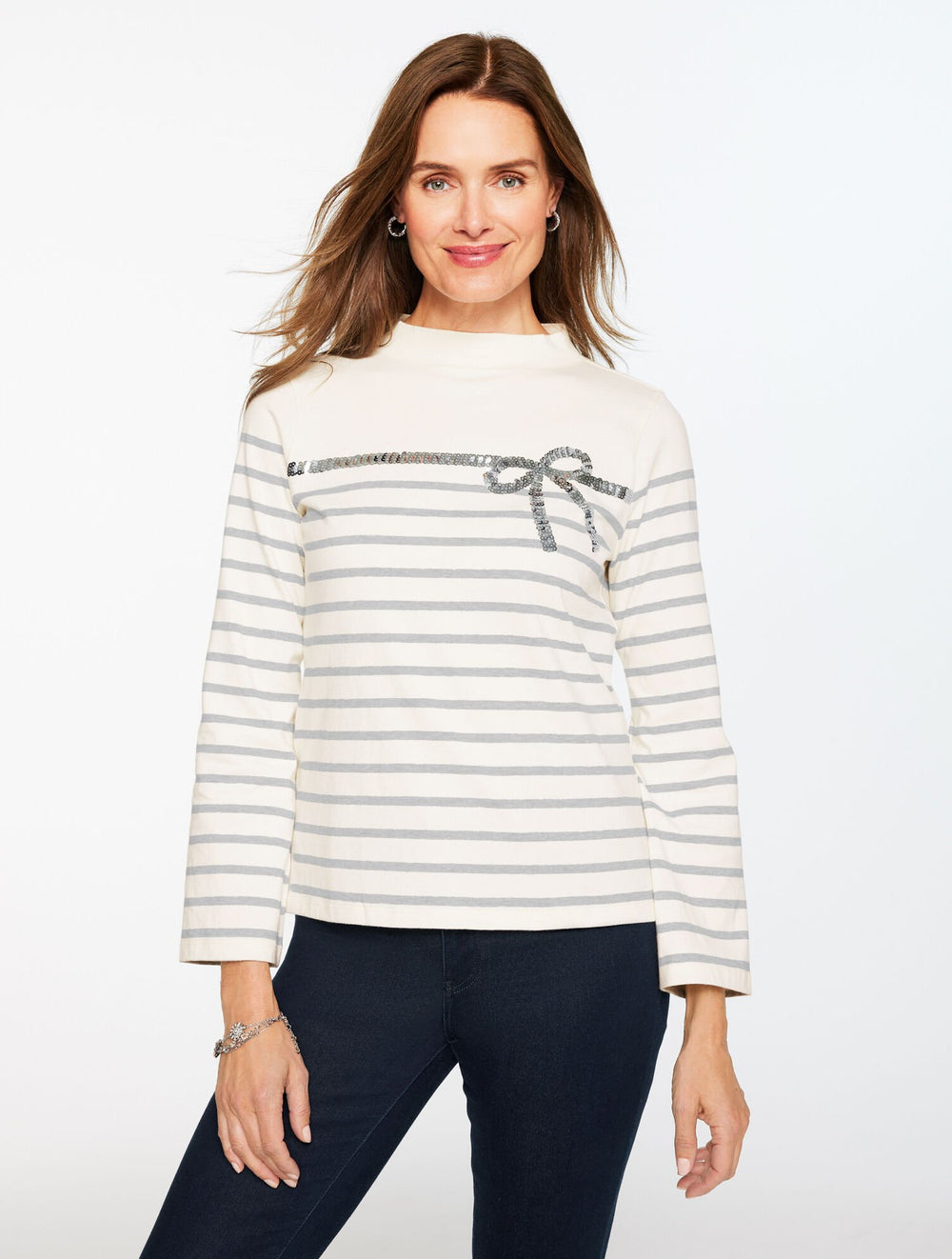 SEQUIN RIBBON STRIPE MOCKNECK TEE | Talbots outlet