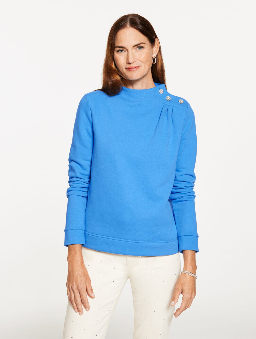 JEWEL BUTTON SHOULDER SWEATSHIRT | Talbots sale