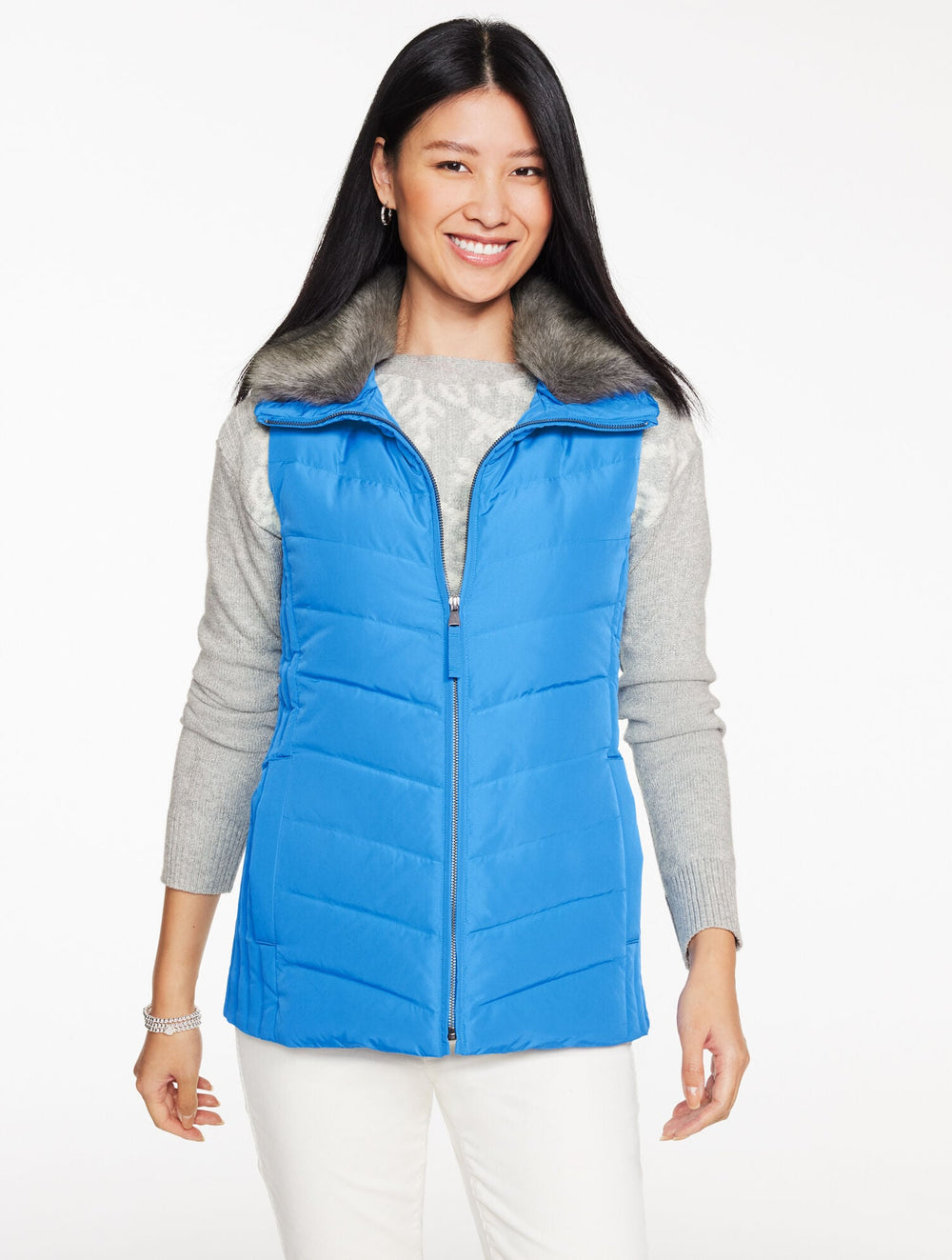 FAUX FUR COLLAR DOWN PUFFER VEST | Talbots sale