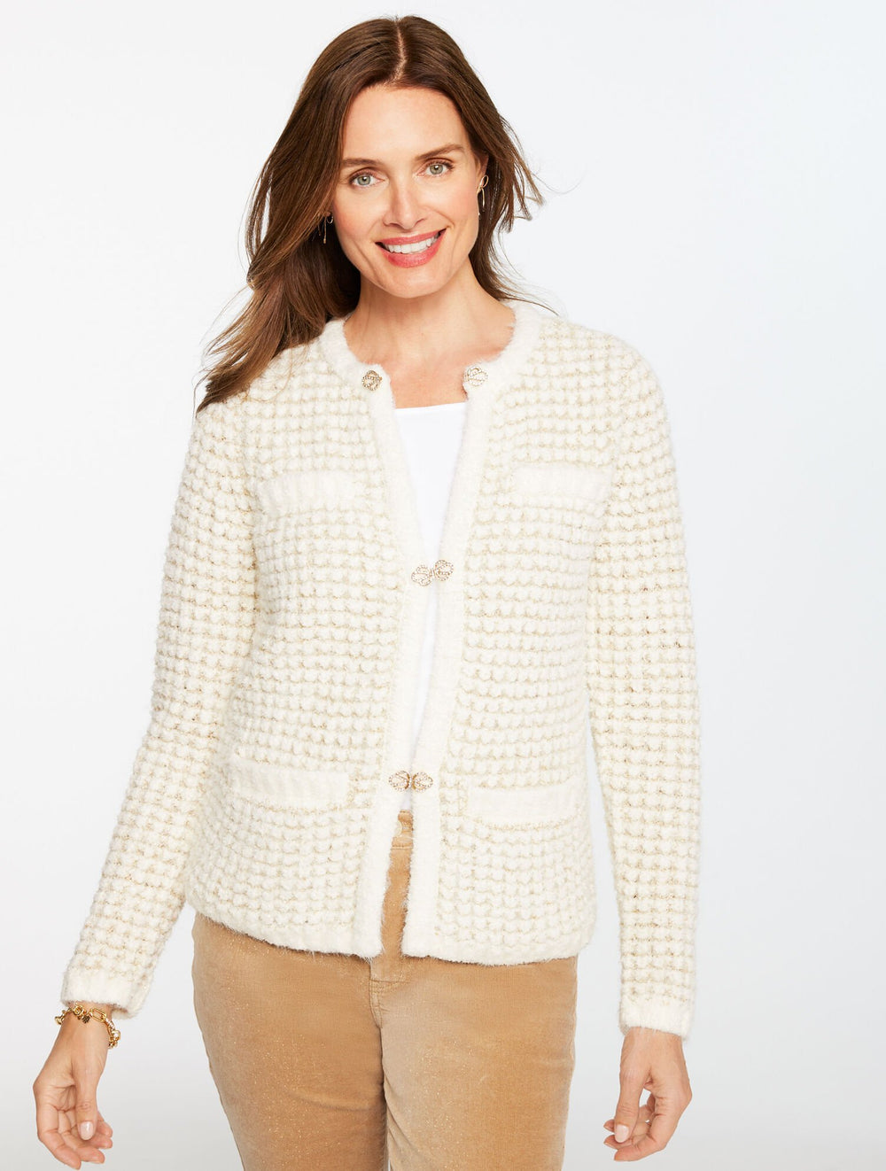 TEXTURED METALLIC CREWNECK CARDIGAN | Talbots US