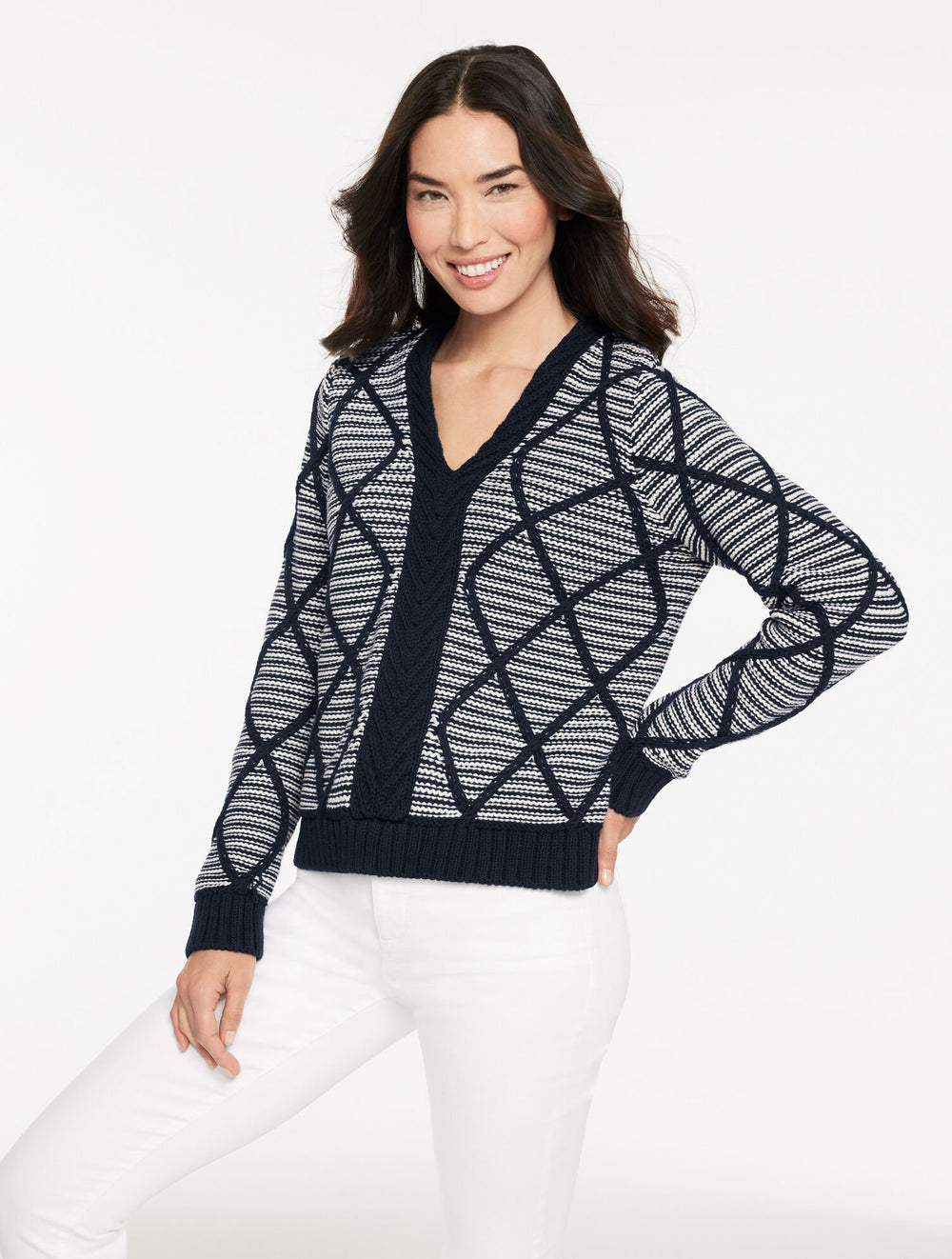 DIAMOND CABLE V-NECK PULLOVER - STRIPE | Talbots online