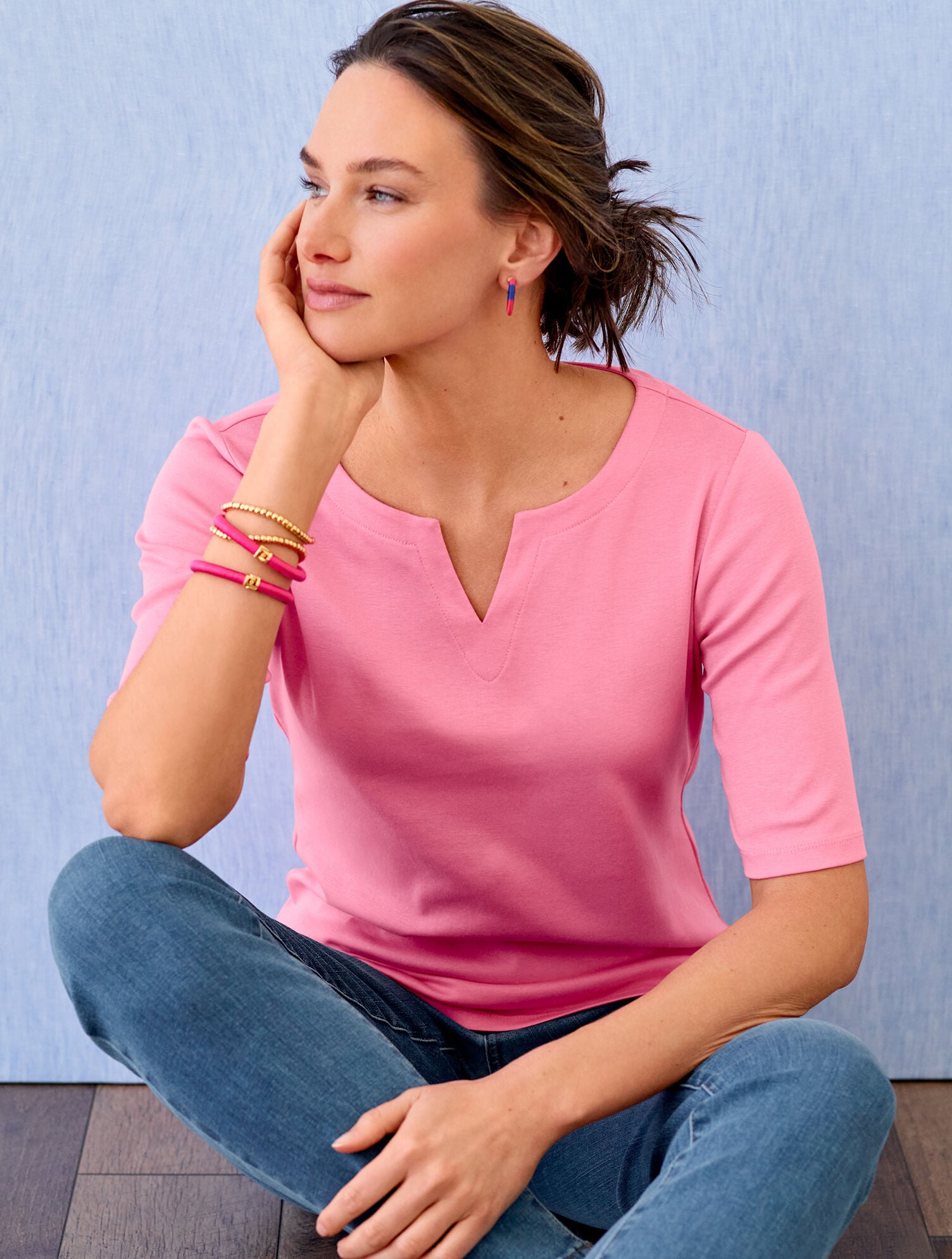 SPLIT NECK COTTON TEE - SOLID | Talbots online