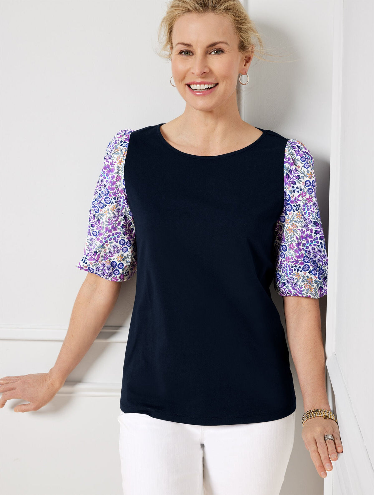 WOVEN SLEEVE CREWNECK TEE - DITSY | Talbots sale
