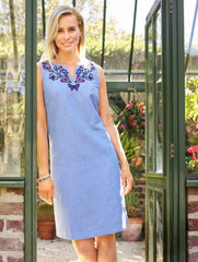 EMBROIDERED BUTTERFLY LINEN SHIFT DRESS | Talbots US