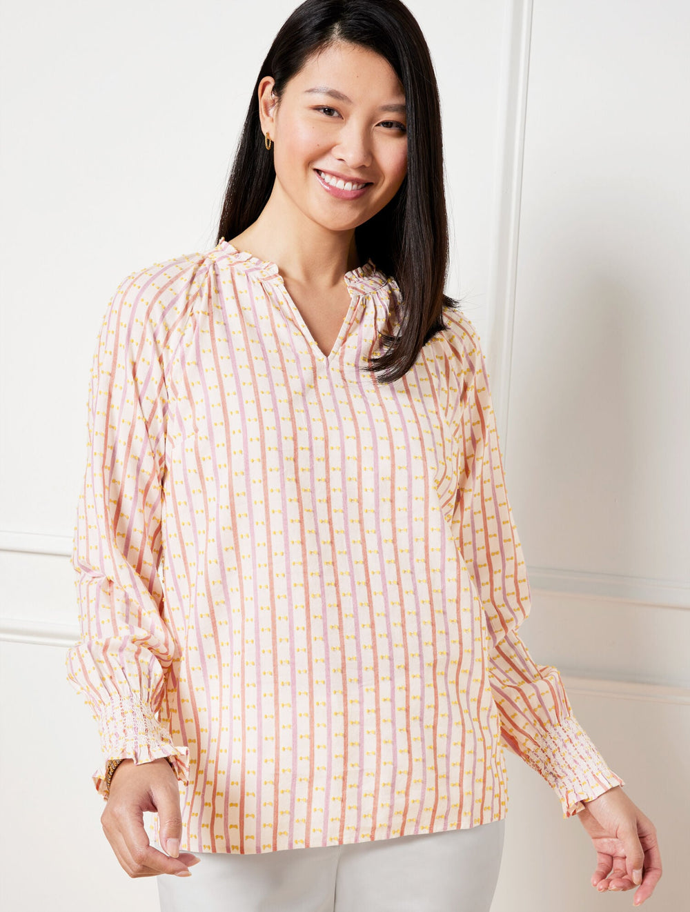 JACQUARD STRIPE SMOCKED CUFF BLOUSE | Talbots on sale
