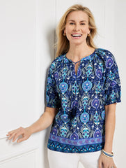 PLEATED SLEEVE TOP - FLORET MEDALLION | Talbots online